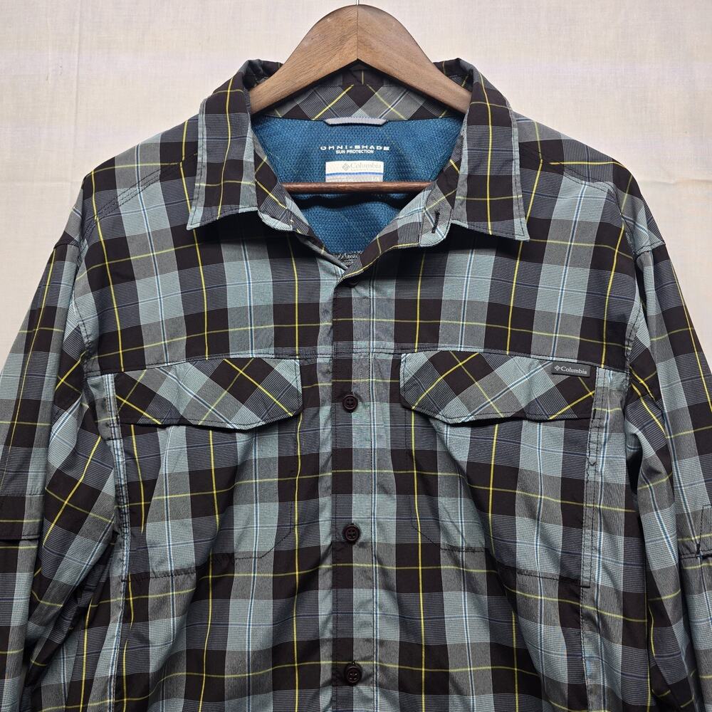 Columbia Shirt Mens Large Blue Plaid Omni-Shield Long Sleeve Button Down Vented